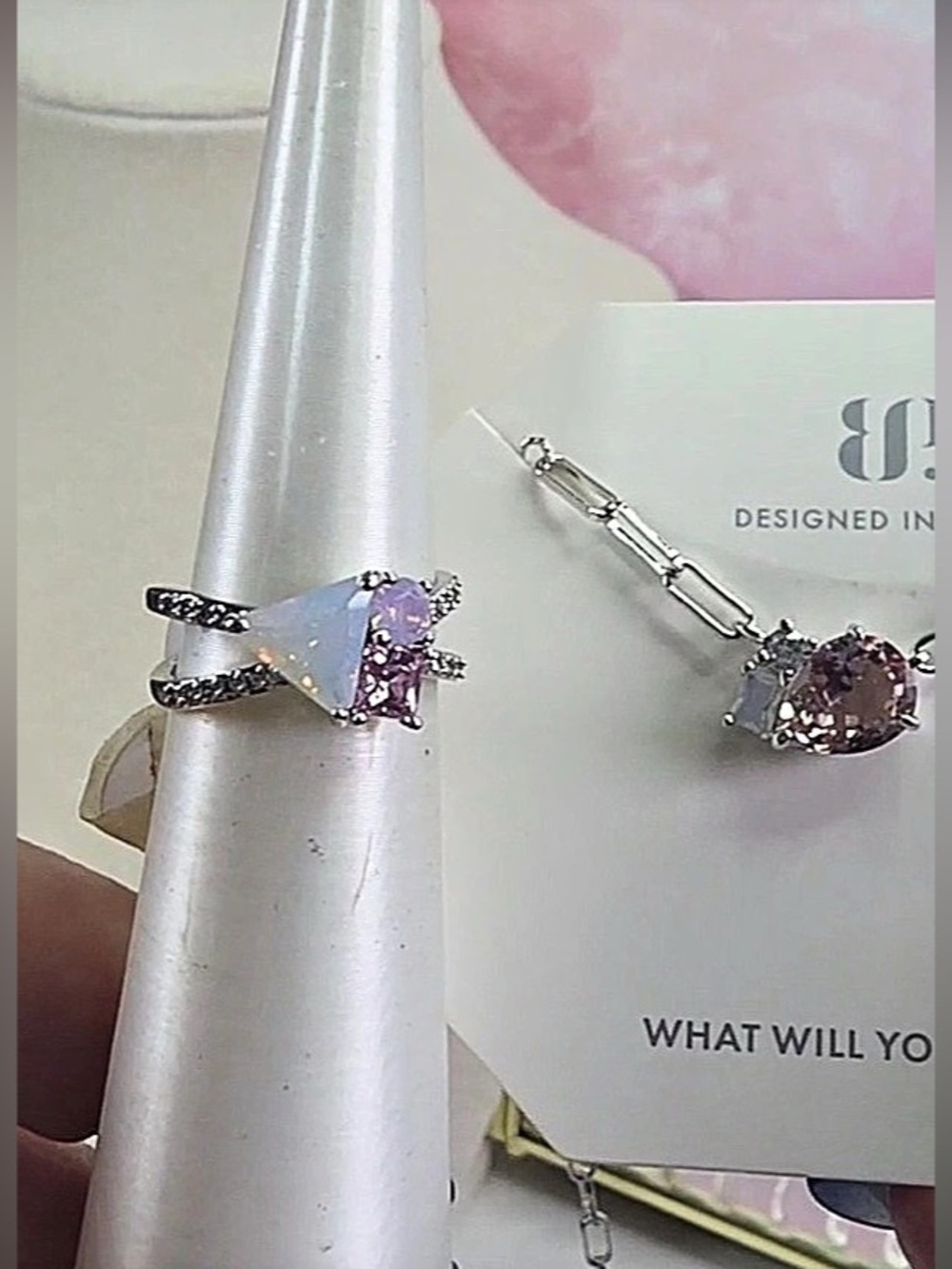 Bomb Party Necklace and ring in Silver & Pink